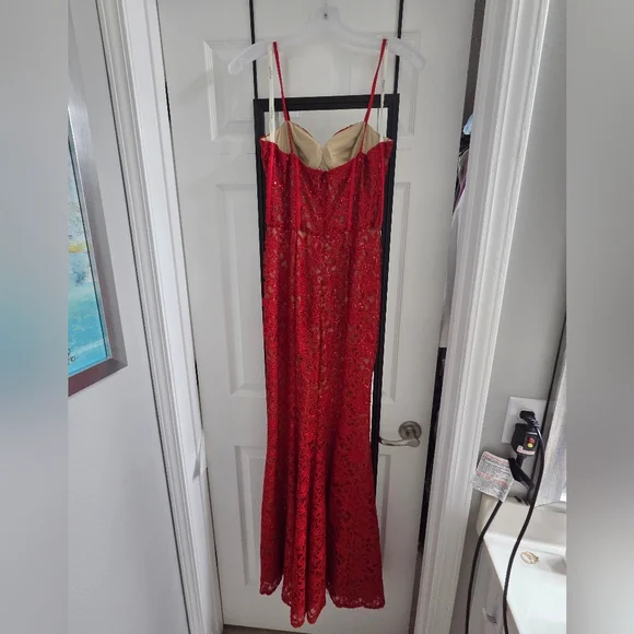 Elegant Red Lace Evening Gown - Picture 3 of 10